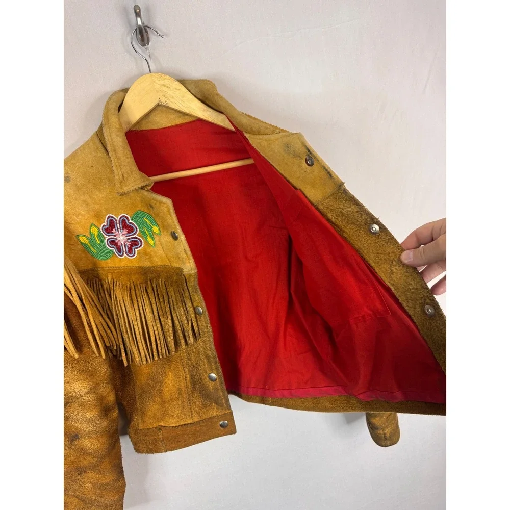 Vintage Buckskin Western Beaded Fringe Jacket Leather Floral Native Crop Women S - Picture 10 of 16